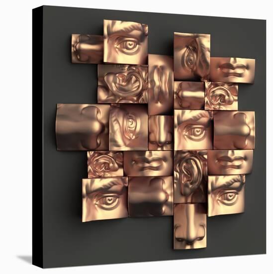 3D Render, Digital Illustration, Abstract Copper Metallic Blocks, Eyes, Ear, Nose, Lips, Mouth, Ana-wacomka-Stretched Canvas