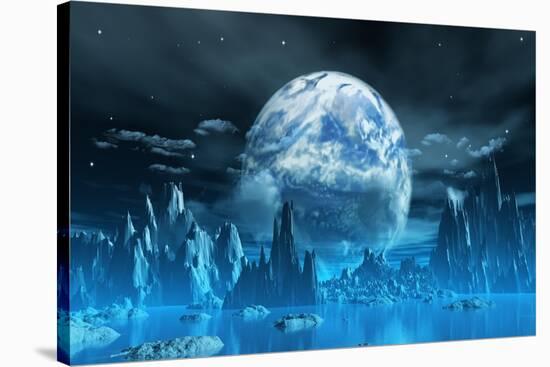 3D Render Of A Surreal Ice Planet With Earth In The Sky-kjpargeter-Stretched Canvas