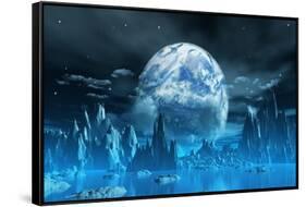 3D Render Of A Surreal Ice Planet With Earth In The Sky-kjpargeter-Framed Stretched Canvas