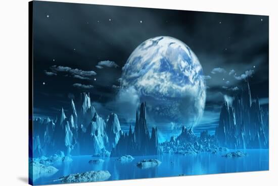 3D Render Of A Surreal Ice Planet With Earth In The Sky-kjpargeter-Stretched Canvas