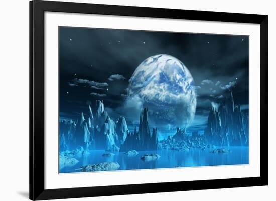 3D Render Of A Surreal Ice Planet With Earth In The Sky-kjpargeter-Framed Art Print
