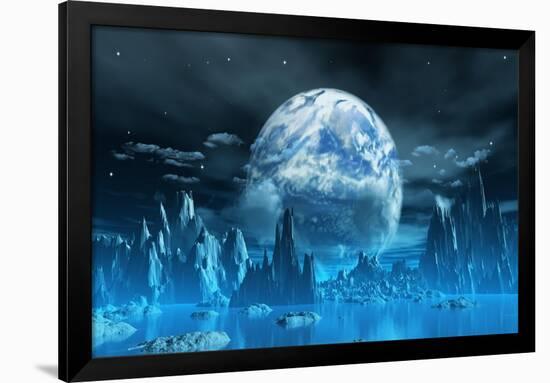 3D Render Of A Surreal Ice Planet With Earth In The Sky-kjpargeter-Framed Art Print