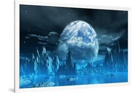 3D Render Of A Surreal Ice Planet With Earth In The Sky-kjpargeter-Framed Art Print