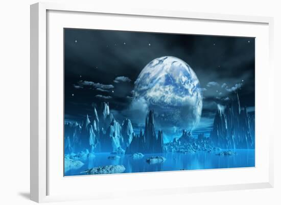 3D Render Of A Surreal Ice Planet With Earth In The Sky-kjpargeter-Framed Art Print