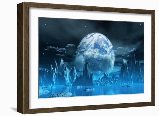 3D Render Of A Surreal Ice Planet With Earth In The Sky-kjpargeter-Framed Art Print