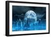 3D Render Of A Surreal Ice Planet With Earth In The Sky-kjpargeter-Framed Art Print