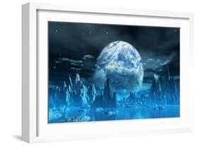 3D Render Of A Surreal Ice Planet With Earth In The Sky-kjpargeter-Framed Art Print