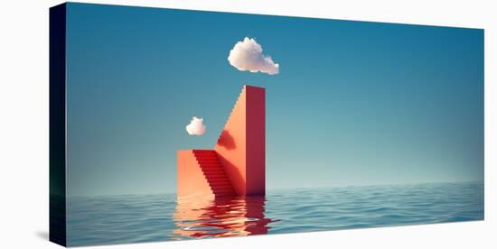 3D Render, Surreal Seascape. White Clouds in the Blue Sky above the High Red Stairs. Modern Minimal-wacomka-Stretched Canvas