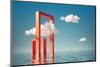 3D Render, Surreal Seascape with White Clouds Going into the Red Square Portals. Modern Minimal Abs-wacomka-Mounted Photographic Print