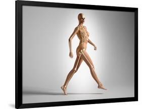 3D Rendering of a Naked Woman Walking, with Skeletal Bones Superimposed-null-Framed Art Print