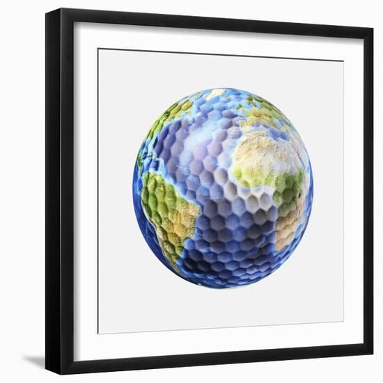 3D Rendering of a Planet Earth Golf Ball, White Background-null-Framed Art Print