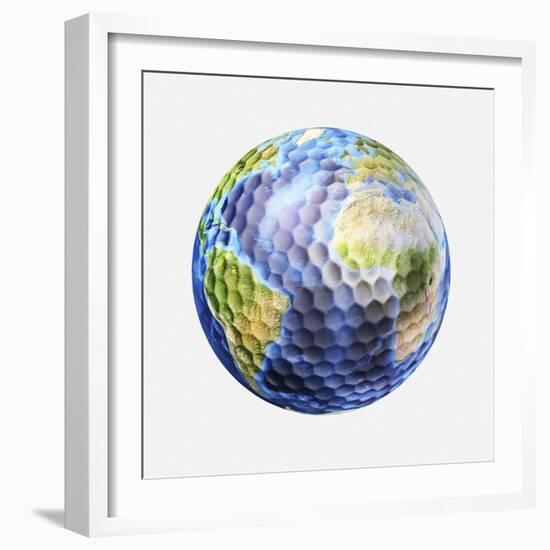 3D Rendering of a Planet Earth Golf Ball, White Background-null-Framed Art Print