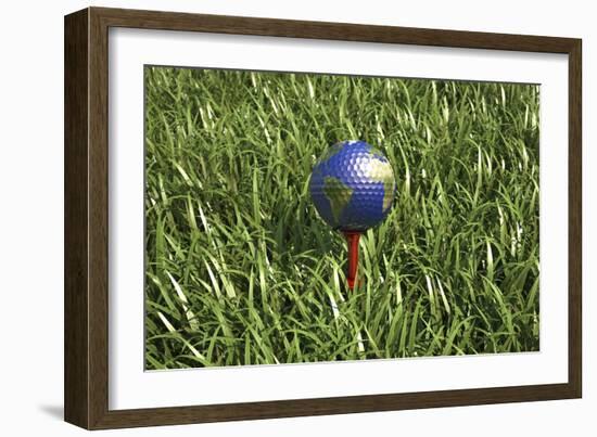 3D Rendering of an Earth Golf Ball on Tee in the Grass-null-Framed Art Print