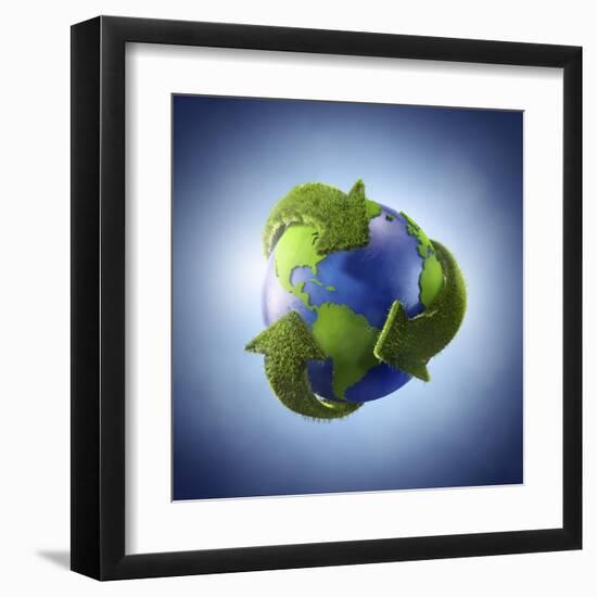 3D Rendering of Planet Earth Surrounded by the Recycle Symbol-null-Framed Art Print