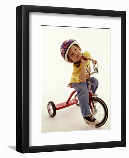 4 Year Old Boy Posing on His Tricycle, New York, New York, USA-Paul Sutton-Framed Premium Photographic Print