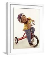 4 Year Old Boy Posing on His Tricycle, New York, New York, USA-Paul Sutton-Framed Photographic Print