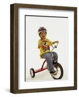 4 Year Old Boy Posing on His Tricycle, New York, New York, USA-Paul Sutton-Framed Photographic Print