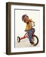 4 Year Old Boy Posing on His Tricycle, New York, New York, USA-Paul Sutton-Framed Photographic Print