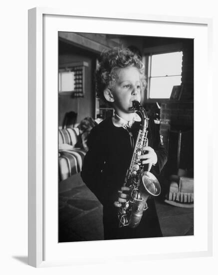 4 Year Old Preacher Marjoe Gortner, Playing the Saxaphone-null-Framed Photographic Print