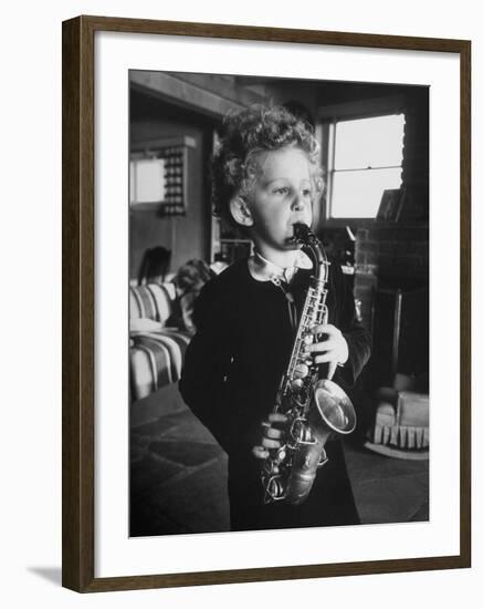 4 Year Old Preacher Marjoe Gortner, Playing the Saxaphone-null-Framed Photographic Print