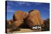 4X4 and Campsite Beside Giant Boulders at Spitzkoppe, Namibia-David Wall-Stretched Canvas