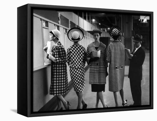 5 Models Wearing Fashionable Dress Suits at a Race Track Betting Window, at Roosevelt Raceway-Nina Leen-Framed Stretched Canvas