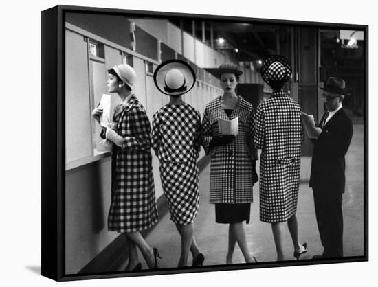 5 Models Wearing Fashionable Dress Suits at a Race Track Betting Window, at Roosevelt Raceway-Nina Leen-Framed Stretched Canvas