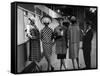 5 Models Wearing Fashionable Dress Suits at a Race Track Betting Window, at Roosevelt Raceway-Nina Leen-Framed Stretched Canvas