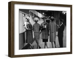 5 Models Wearing Fashionable Dress Suits at a Race Track Betting Window, at Roosevelt Raceway-Nina Leen-Framed Photographic Print