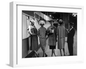 5 Models Wearing Fashionable Dress Suits at a Race Track Betting Window, at Roosevelt Raceway-Nina Leen-Framed Photographic Print