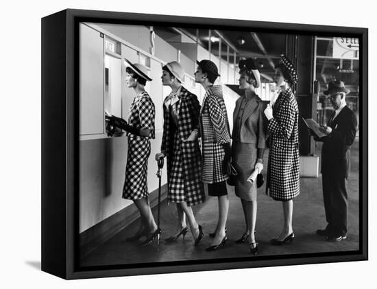 5 Models Wearing Fashionable Dress Suits at a Race Track Betting Window, at Roosevelt Raceway-Nina Leen-Framed Stretched Canvas