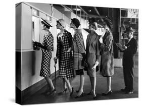 5 Models Wearing Fashionable Dress Suits at a Race Track Betting Window, at Roosevelt Raceway-Nina Leen-Stretched Canvas