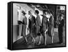 5 Models Wearing Fashionable Dress Suits at a Race Track Betting Window, at Roosevelt Raceway-Nina Leen-Framed Stretched Canvas