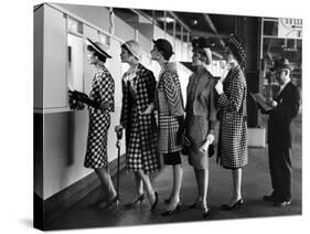 5 Models Wearing Fashionable Dress Suits at a Race Track Betting Window, at Roosevelt Raceway-Nina Leen-Stretched Canvas