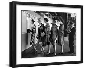5 Models Wearing Fashionable Dress Suits at a Race Track Betting Window, at Roosevelt Raceway-Nina Leen-Framed Premium Photographic Print