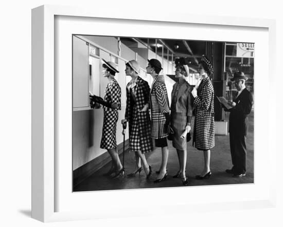 5 Models Wearing Fashionable Dress Suits at a Race Track Betting Window, at Roosevelt Raceway-Nina Leen-Framed Premium Photographic Print