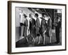 5 Models Wearing Fashionable Dress Suits at a Race Track Betting Window, at Roosevelt Raceway-Nina Leen-Framed Photographic Print