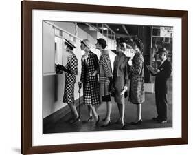 5 Models Wearing Fashionable Dress Suits at a Race Track Betting Window, at Roosevelt Raceway-Nina Leen-Framed Photographic Print