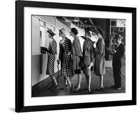 5 Models Wearing Fashionable Dress Suits at a Race Track Betting Window, at Roosevelt Raceway-Nina Leen-Framed Photographic Print