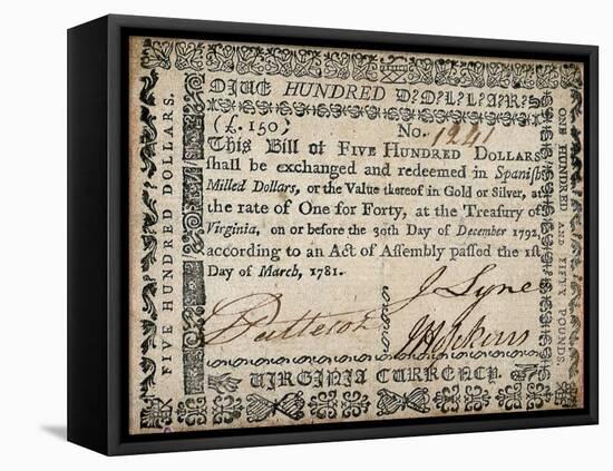 500 Dollar Note, C. 1781-null-Framed Stretched Canvas