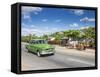 50s American Car Passing Ox and Cart, Pinar Del Rio Province, Cuba-Jon Arnold-Framed Stretched Canvas