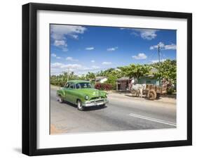 50s American Car Passing Ox and Cart, Pinar Del Rio Province, Cuba-Jon Arnold-Framed Photographic Print