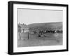 6 Cowboys Branding Cattle Near House Photograph - South Dakota-Lantern Press-Framed Art Print