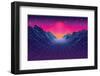 80S Synthwave Styled Landscape with Blue Grid Mountains and Sun over Canyon-Swillklitch-Framed Photographic Print