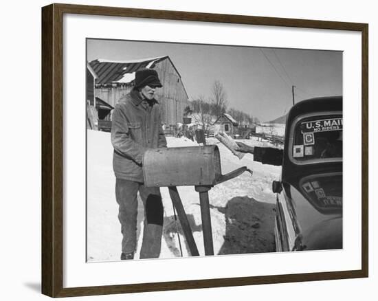 85 Year-Old Elmer Bull Out to Meet Rural Mailman Mark Whalon Making Rounds in Sub-Zero Weather-null-Framed Photographic Print