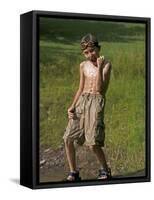 9 Year Old Boy Posing on a Rock Next to a Pond, Woodstock, New York, USA-Paul Sutton-Framed Stretched Canvas