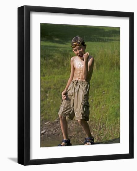 9 Year Old Boy Posing on a Rock Next to a Pond, Woodstock, New York, USA-Paul Sutton-Framed Photographic Print