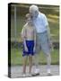 96 Year Old Grandfather with 9 Year Old Grandson at Poolside, Kiamesha Lake, New York, USA-Paul Sutton-Stretched Canvas