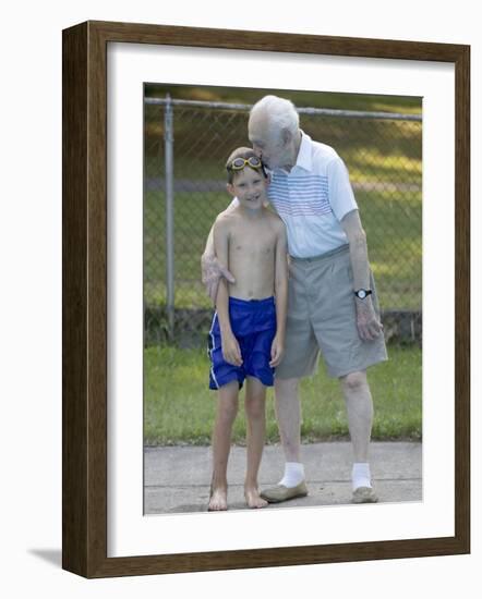 96 Year Old Grandfather with 9 Year Old Grandson at Poolside, Kiamesha Lake, New York, USA-Paul Sutton-Framed Photographic Print