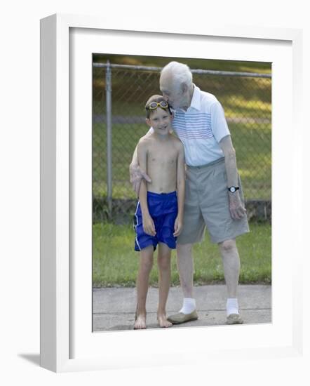 96 Year Old Grandfather with 9 Year Old Grandson at Poolside, Kiamesha Lake, New York, USA-Paul Sutton-Framed Photographic Print